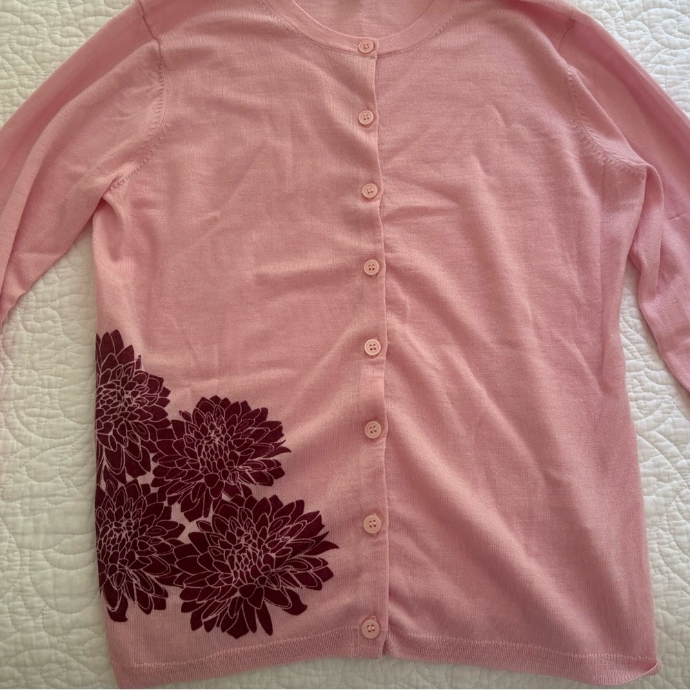 Garnet Hill Pink Button-Front Floral Accent Women’s Sweater